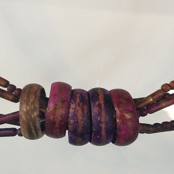 Funky Retro Statement Necklace Bohemian 5 Strand Metal Beads 5 Ring Pendants - Picture 3 of 7